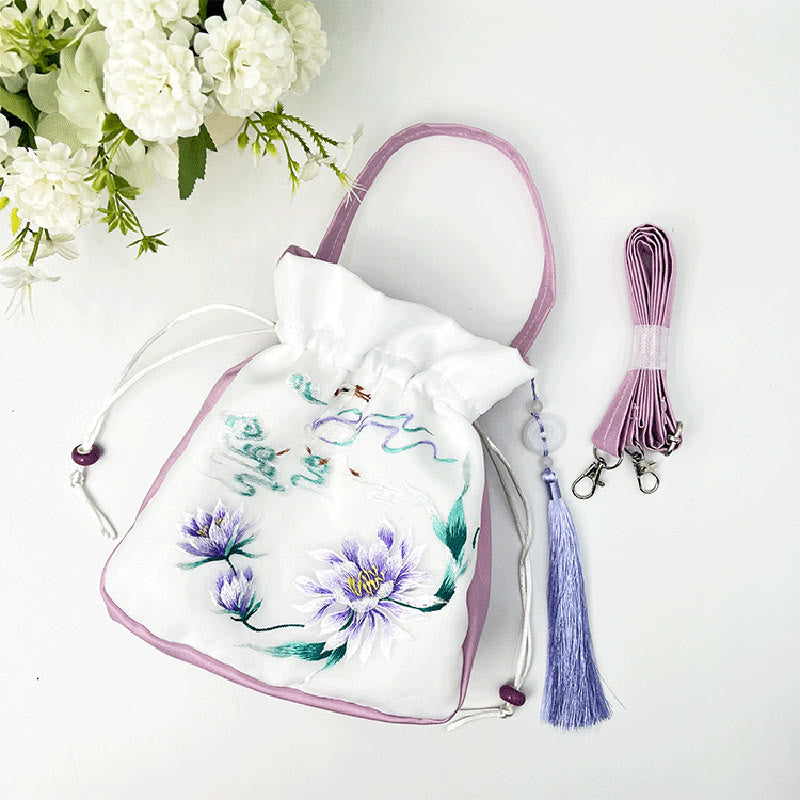 Bolso bandolera con bordado de Suzhou de Buddha Stones, con forma de conejo, loto, epifilo, peonía y magnolia