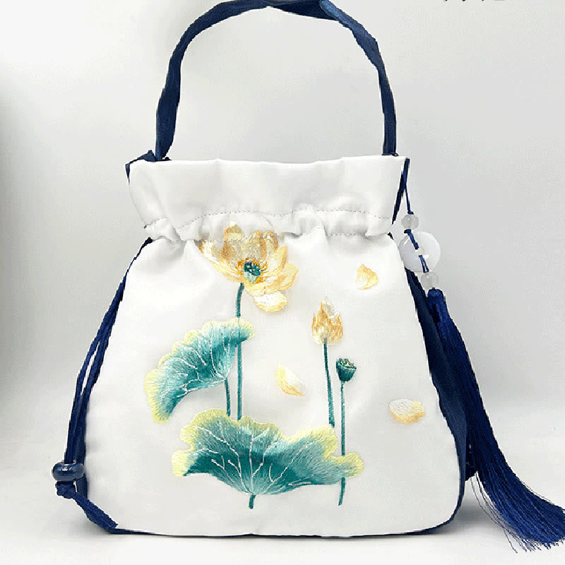 Bolso bandolera con bordado de Suzhou de Buddha Stones, con forma de conejo, loto, epifilo, peonía y magnolia