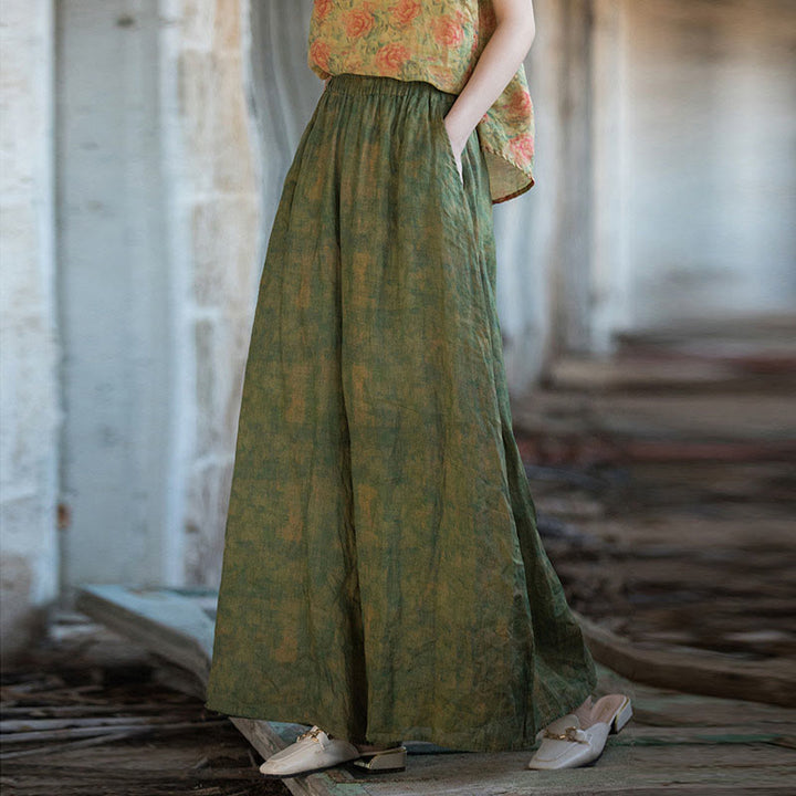 Pantalones anchos con cinturilla flexible de lino de ramio en verde y amarillo con Buddha Stones y bolsillos