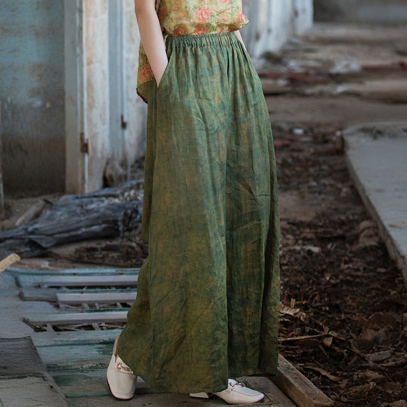Pantalones anchos con cinturilla flexible de lino de ramio en verde y amarillo con Buddha Stones y bolsillos