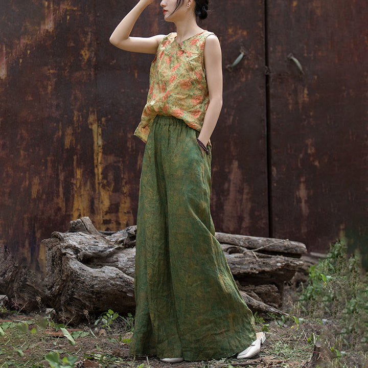 Pantalones anchos con cinturilla flexible de lino de ramio en verde y amarillo con Buddha Stones y bolsillos