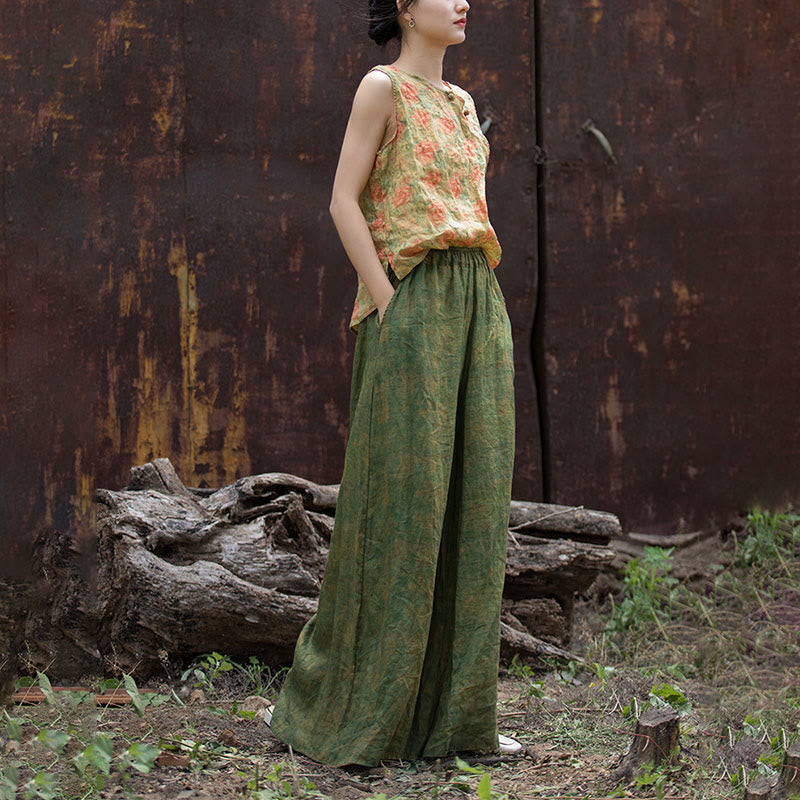 Pantalones anchos con cinturilla flexible de lino de ramio en verde y amarillo con Buddha Stones y bolsillos