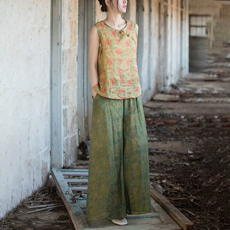 Pantalones anchos con cinturilla flexible de lino de ramio en verde y amarillo con Buddha Stones y bolsillos