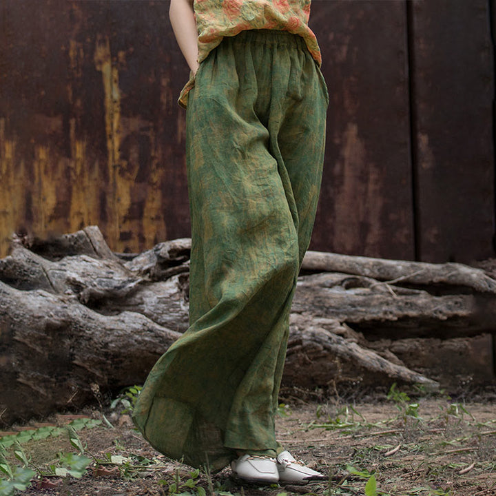 Pantalones anchos con cinturilla flexible de lino de ramio en verde y amarillo con Buddha Stones y bolsillos