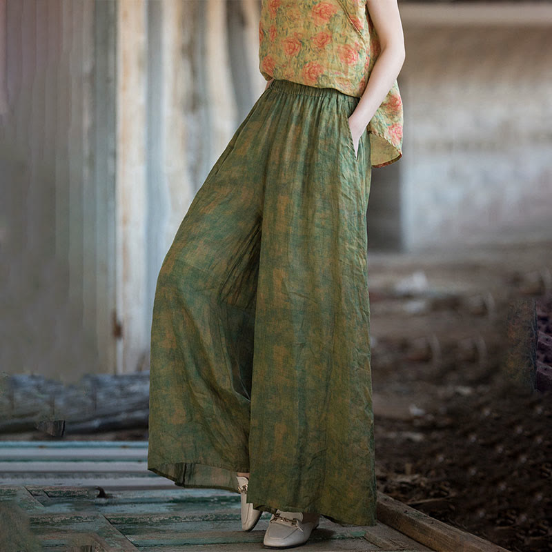 Pantalones anchos con cinturilla flexible de lino de ramio en verde y amarillo con Buddha Stones y bolsillos