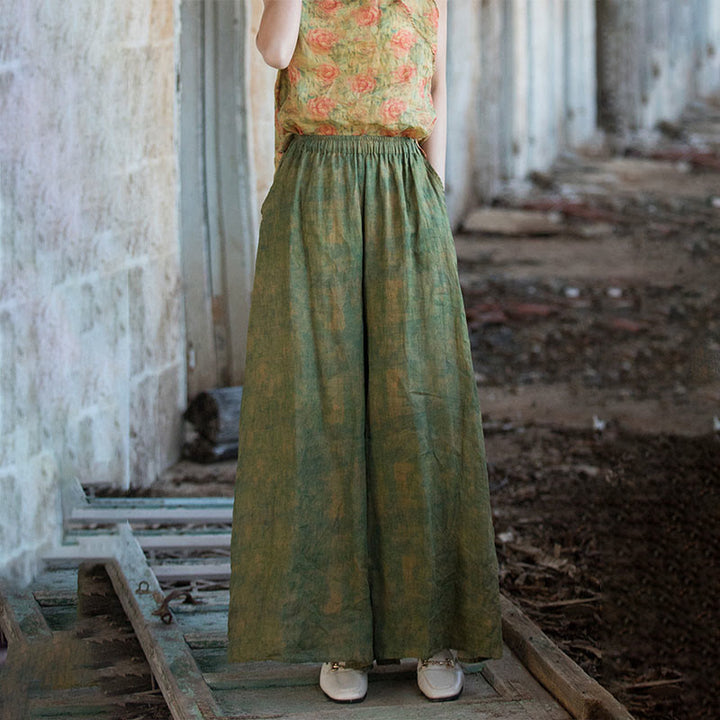 Pantalones anchos con cinturilla flexible de lino de ramio en verde y amarillo con Buddha Stones y bolsillos