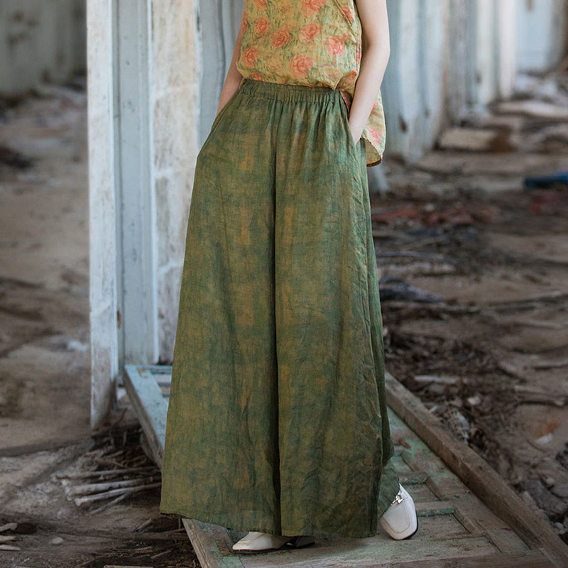 Pantalones anchos con cinturilla flexible de lino de ramio en verde y amarillo con Buddha Stones y bolsillos