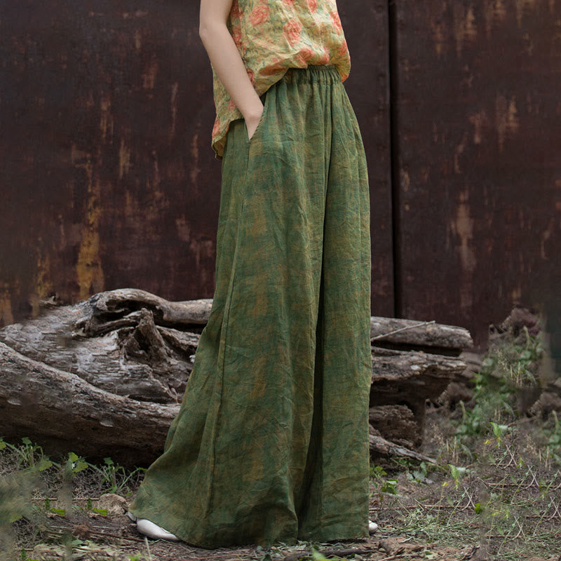 Pantalones anchos con cinturilla flexible de lino de ramio en verde y amarillo con Buddha Stones y bolsillos