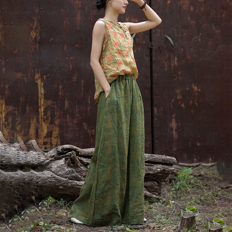 Pantalones anchos con cinturilla flexible de lino de ramio en verde y amarillo con Buddha Stones y bolsillos