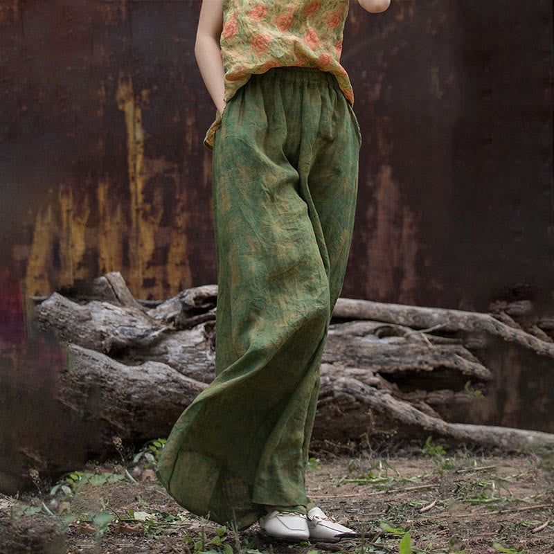 Pantalones anchos con cinturilla flexible de lino de ramio en verde y amarillo con Buddha Stones y bolsillos