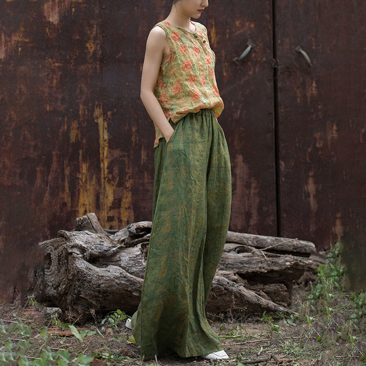 Pantalones anchos con cinturilla flexible de lino de ramio en verde y amarillo con Buddha Stones y bolsillos
