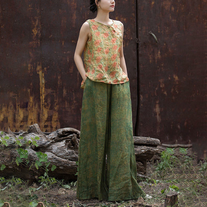 Pantalones anchos con cinturilla flexible de lino de ramio en verde y amarillo con Buddha Stones y bolsillos