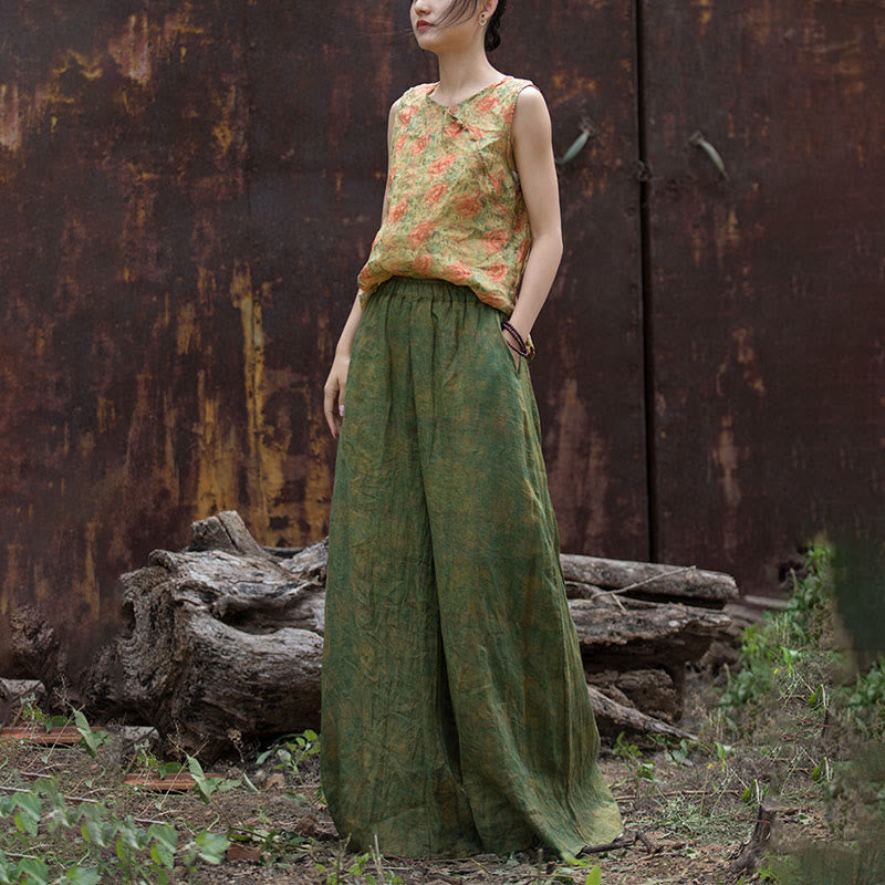 Pantalones anchos con cinturilla flexible de lino de ramio en verde y amarillo con Buddha Stones y bolsillos