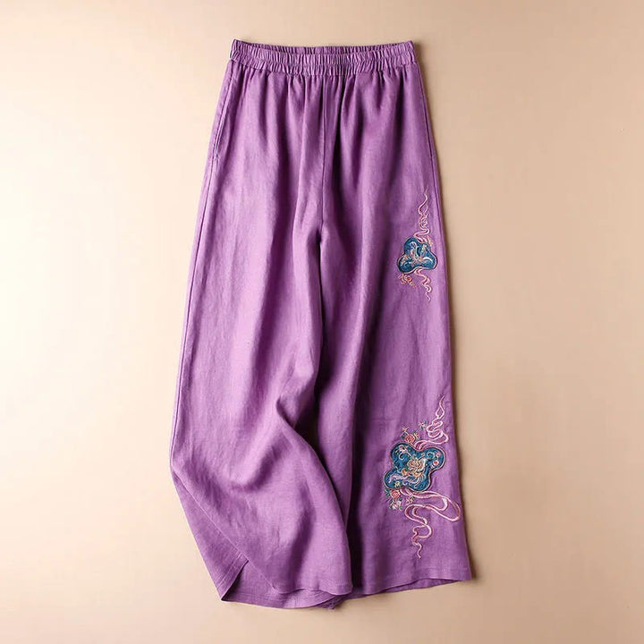 Buddha Stones Pantalones de pierna ancha con bordado de lino y algodón holgados informales para mujer con bolsillos