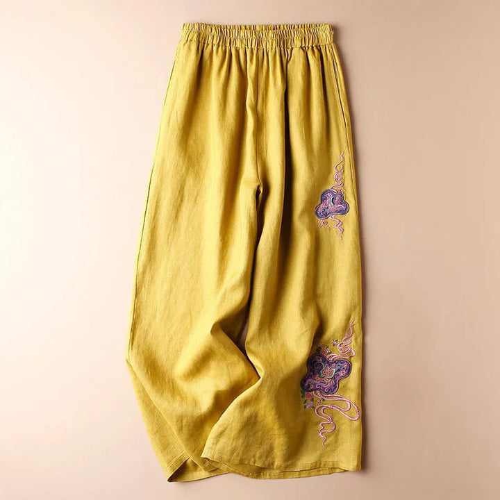 Buddha Stones Pantalones de pierna ancha con bordado de lino y algodón holgados informales para mujer con bolsillos