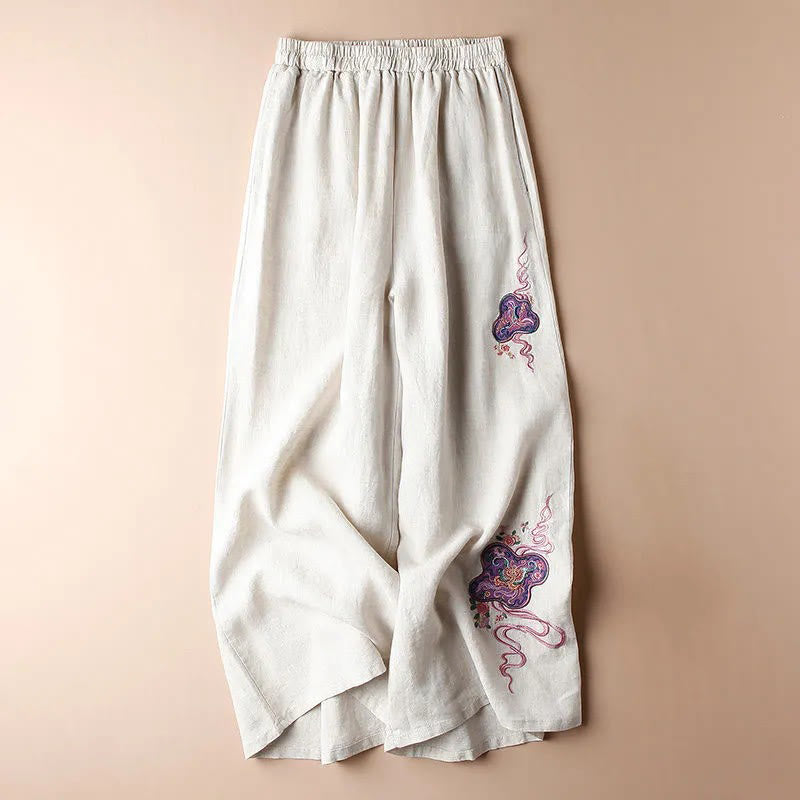 Buddha Stones Pantalones de pierna ancha con bordado de lino y algodón holgados informales para mujer con bolsillos