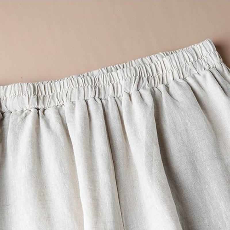 Buddha Stones Pantalones de pierna ancha con bordado de lino y algodón holgados informales para mujer con bolsillos