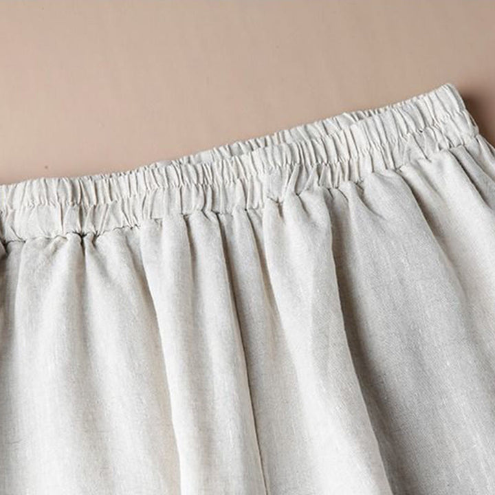 Buddha Stones Pantalones de pierna ancha con bordado de lino y algodón holgados informales para mujer con bolsillos