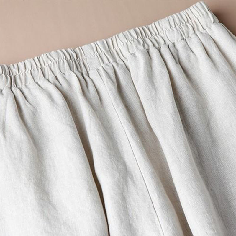 Buddha Stones Pantalones de pierna ancha con bordado de lino y algodón holgados informales para mujer con bolsillos
