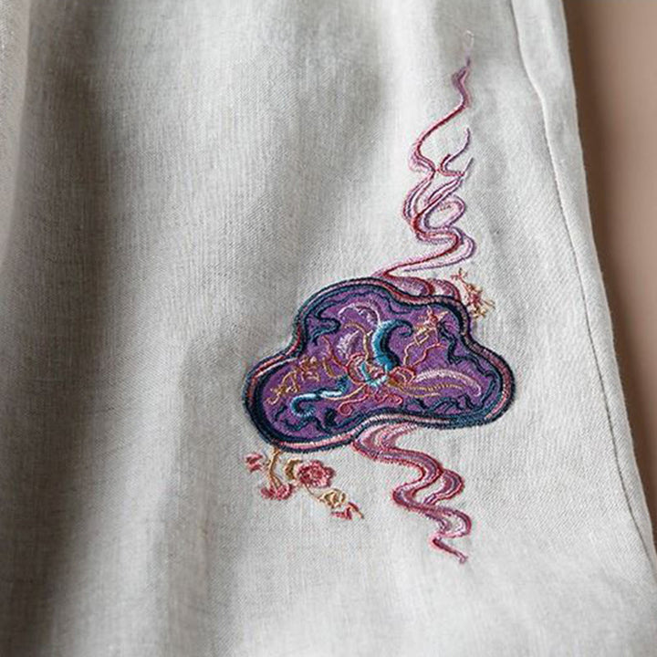 Buddha Stones Pantalones de pierna ancha con bordado de lino y algodón holgados informales para mujer con bolsillos