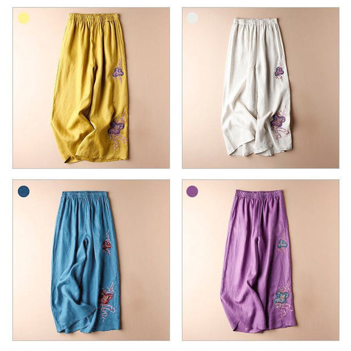 Buddha Stones Pantalones de pierna ancha con bordado de lino y algodón holgados informales para mujer con bolsillos