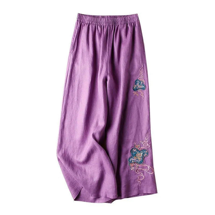 Buddha Stones Pantalones de pierna ancha con bordado de lino y algodón holgados informales para mujer con bolsillos