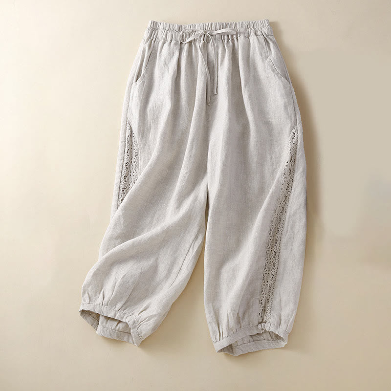 Pantalones bombachos holgados con cordón y flores de color liso con Buddha Stones y bolsillos - Beige - US8-10，UK/AU12-14，EU40-42 (2XL) - image 1