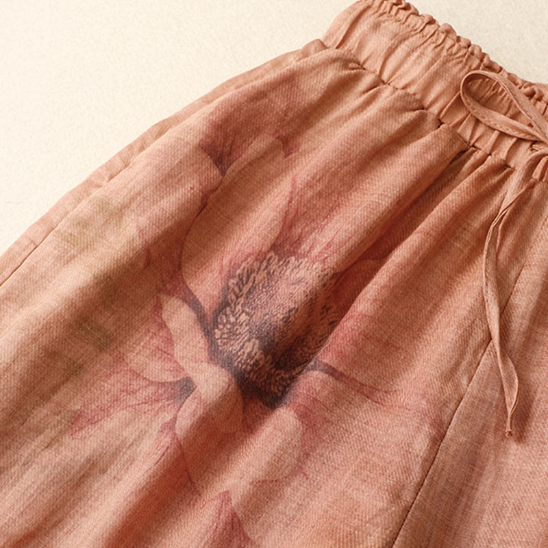 Pantalones de pernera ancha con cordón y bolsillos de lino y algodón con estampado floral de Buddha Stones - image 14