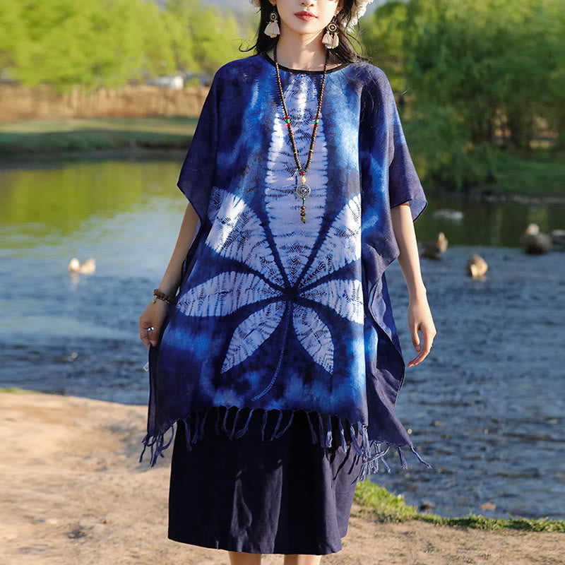 Jersey de viaje acogedor con borlas y chal de Batik azul con Buddha Stones , 95x90cm - image 9