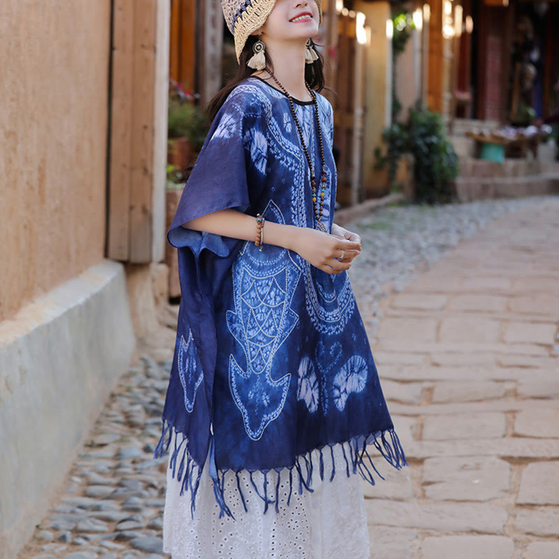 Jersey de viaje acogedor con borlas y chal Batik geométrico azul de Buddha Stones 90*95cm - image 5