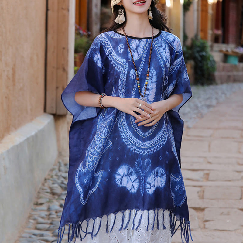 Jersey de viaje acogedor con borlas y chal Batik geométrico azul de Buddha Stones 90*95cm - image 1