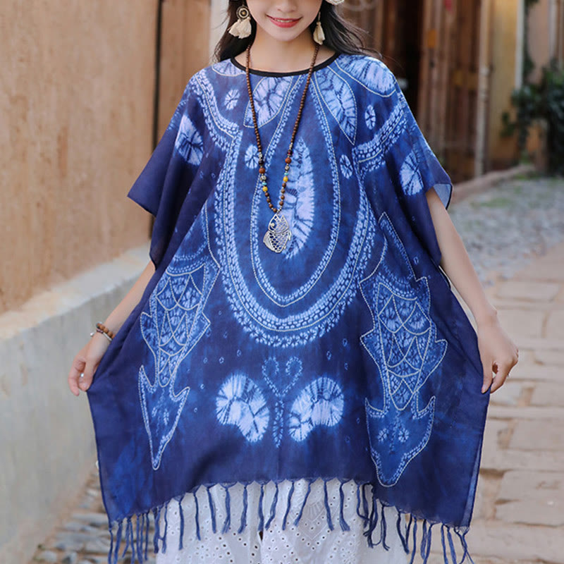 Jersey de viaje acogedor con borlas y chal Batik geométrico azul de Buddha Stones 90*95cm - Azul 90*95cm - image 0
