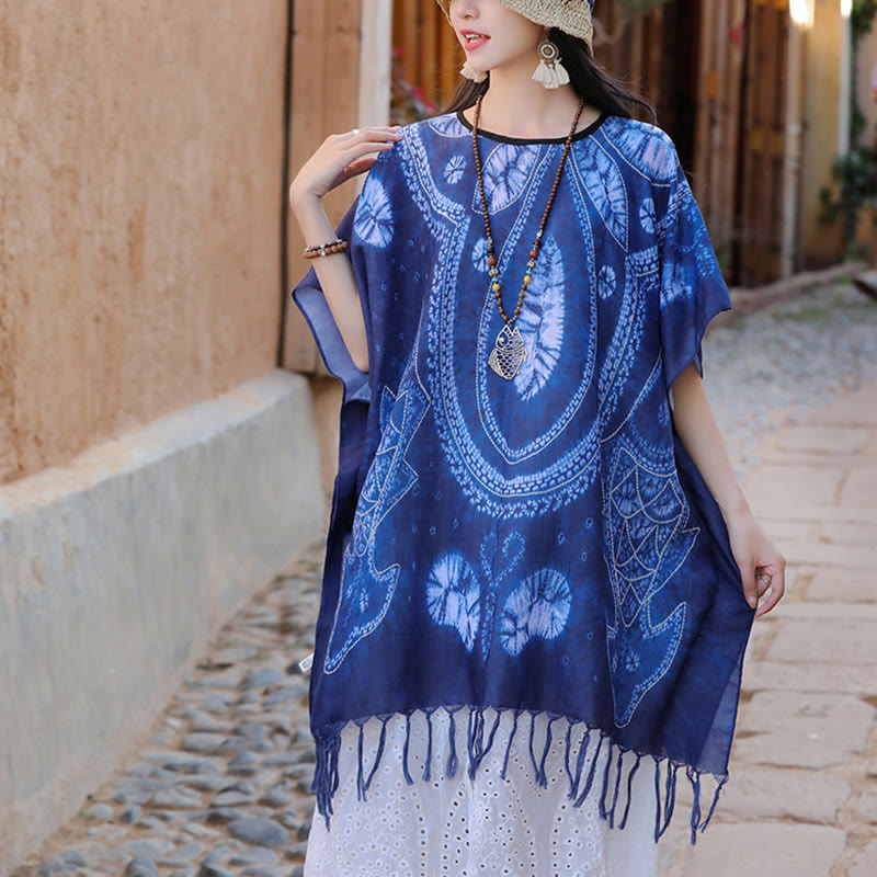 Jersey de viaje acogedor con borlas y chal Batik geométrico azul de Buddha Stones 90*95cm - image 2