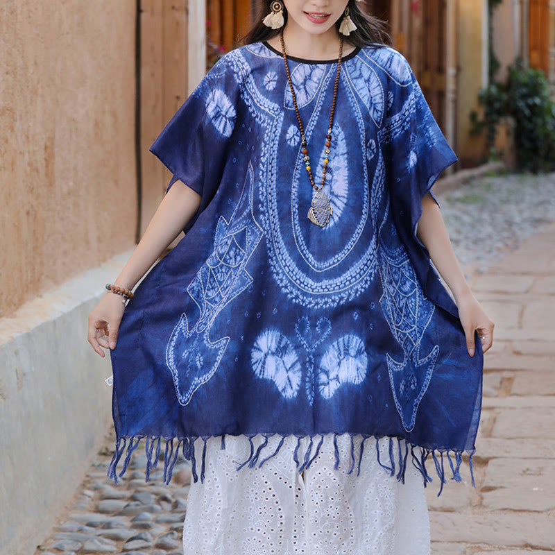 Jersey de viaje acogedor con borlas y chal Batik geométrico azul de Buddha Stones 90*95cm - image 6
