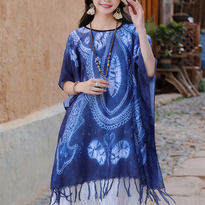 Jersey de viaje acogedor con borlas y chal Batik geométrico azul de Buddha Stones 90*95cm - image 8