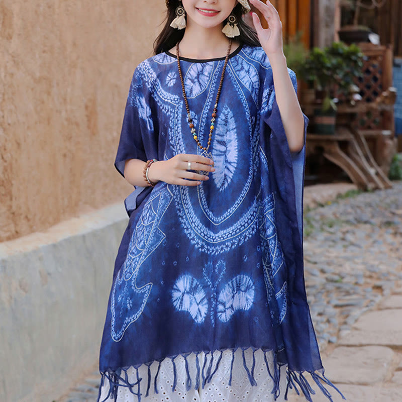Jersey de viaje acogedor con borlas y chal Batik geométrico azul de Buddha Stones 90*95cm - image 8