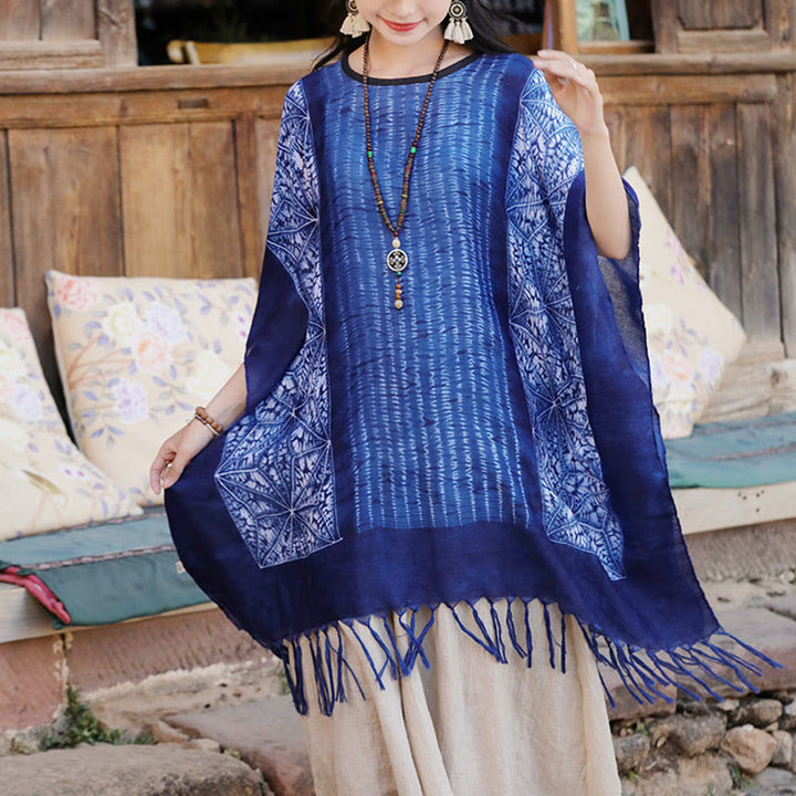 Jersey de viaje acogedor con borlas y chal Batik de rayas geométricas azules con Buddha Stones 90*95cm - Rayas geométricas azules 90*95 cm - image 0