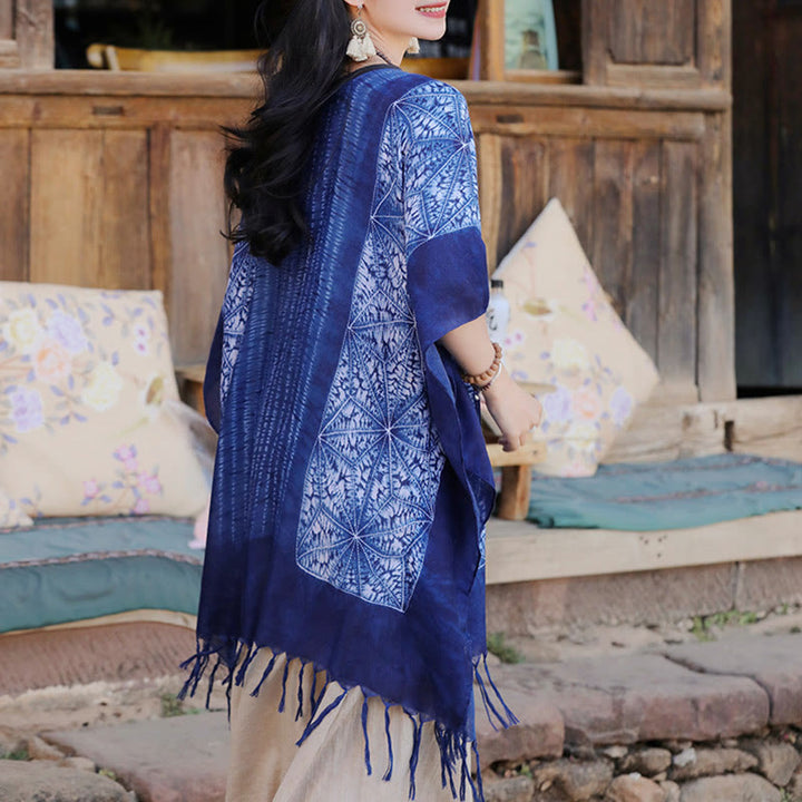 Jersey de viaje acogedor con borlas y chal Batik de rayas geométricas azules con Buddha Stones 90*95cm - image 4