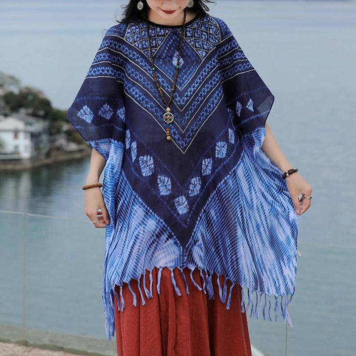 Jersey suave con chal Batik de rayas triangulares azules con Buddha Stones 90*95cm - Azul 90*95 cm - image 0