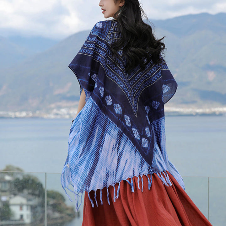 Jersey suave con chal Batik de rayas triangulares azules con Buddha Stones 90*95cm - image 3