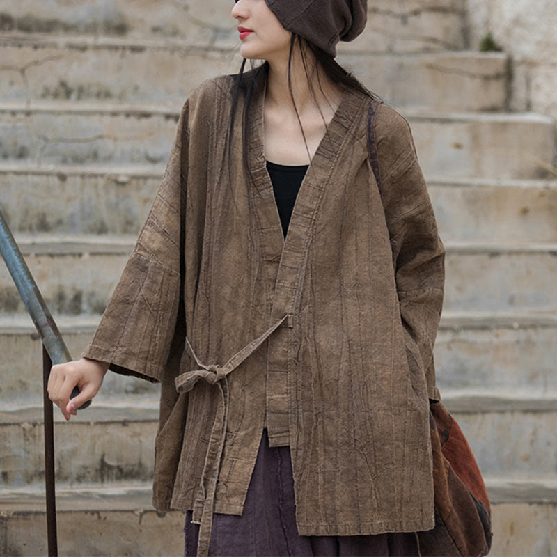 Buddha Stones Tie Dye Abrigo con diseño de cordones Meditación Zen Chaqueta con parte delantera abierta - Marrón - US4-14, UK/AU8-18, EU36-46 (F)- (Solo la parte superior) - image 0