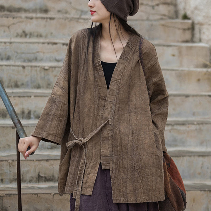 Buddha Stones Tie Dye Abrigo con diseño de cordones Meditación Zen Chaqueta con parte delantera abierta - Marrón - US4-14, UK/AU8-18, EU36-46 (F)- (Solo la parte superior) - image 0