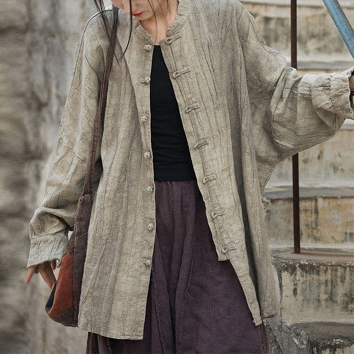 Chaqueta con frente abierto de meditación Zen de manga larga con botón de rana y teñido anudado de Buddha Stones - Beige (solo parte superior): tallas US4-14, UK/AU8-18, EU36-46 (F) - image 7