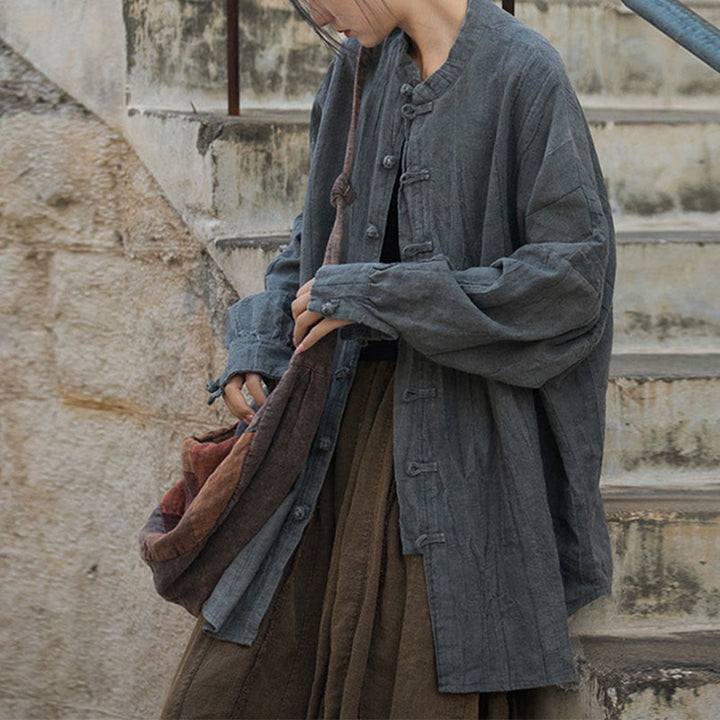 Chaqueta con frente abierto de meditación Zen de manga larga con botón de rana y teñido anudado de Buddha Stones - Gris (solo la parte superior) - US4-14, UK/AU8-18, EU36-46 (F) - image 33