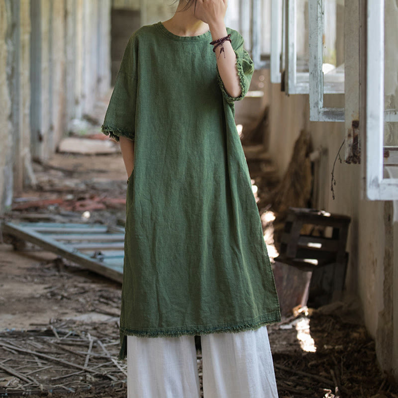 Vestido de longitud media con Buddha Stones Top de lino de ramio con media manga y dobladillo dividido - image 7