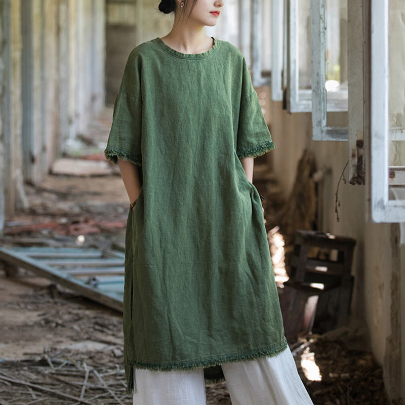 Vestido de longitud media con Buddha Stones Top de lino de ramio con media manga y dobladillo dividido - Verde (busto 124 cm/hombro 60 cm/largo 101-108 cm) (solo vestido) - image 0