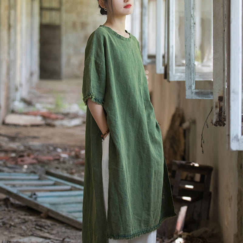 Vestido de longitud media con Buddha Stones Top de lino de ramio con media manga y dobladillo dividido - image 10