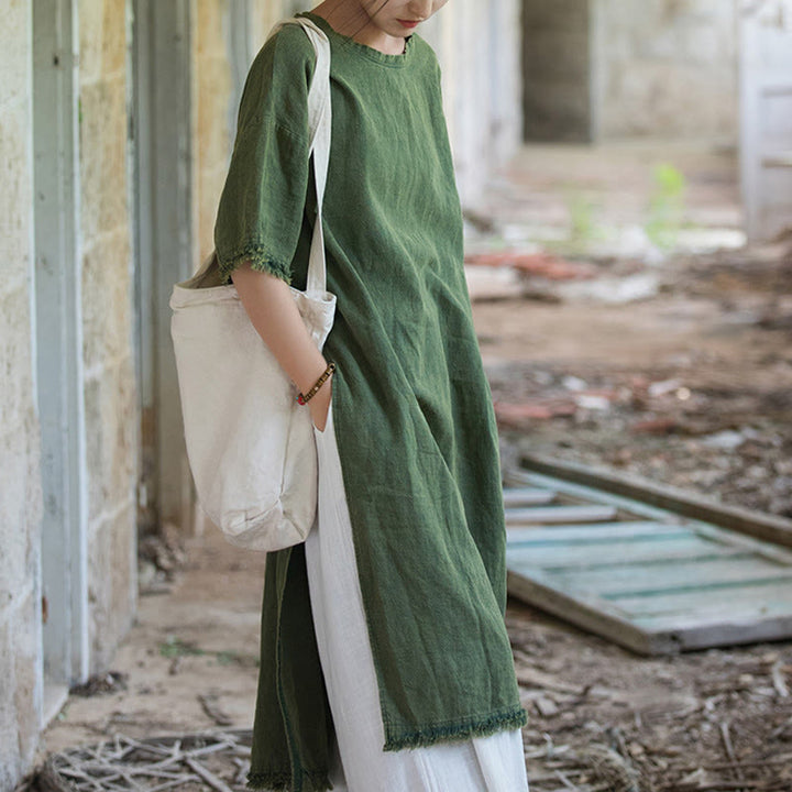Vestido de longitud media con Buddha Stones Top de lino de ramio con media manga y dobladillo dividido - image 8
