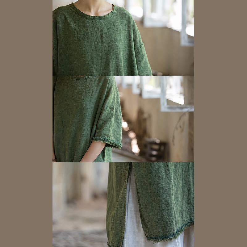Camiseta de manga corta para mujer con estampado de Buddha Stones , ramio y lino, con bajo dividido. - image 13