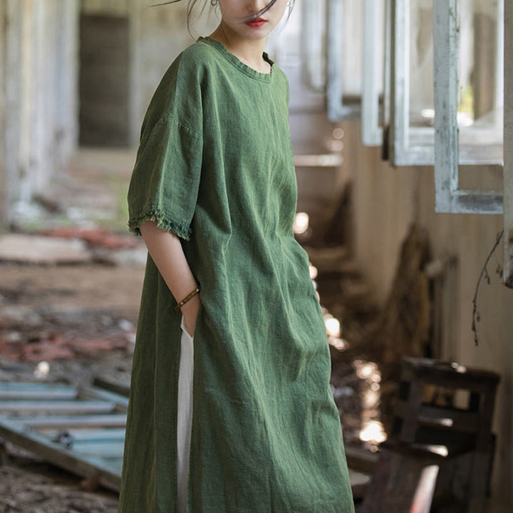 Vestido de longitud media con Buddha Stones Top de lino de ramio con media manga y dobladillo dividido - image 3